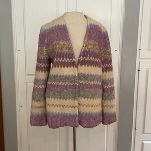 VTG Devon Striped Boucle Knit Cardigan Sweater Jacket Purple Beige Career Casual